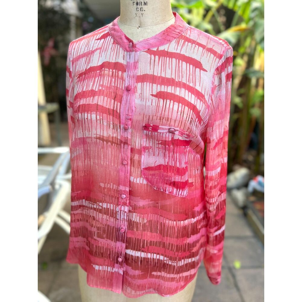 Of Two Minds Silk Red & Pink Sheer Abstract Paint Drip LS Button Down Top Size S